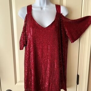 Siren Lily Red Sequin Blouse with Flutter Sleeves